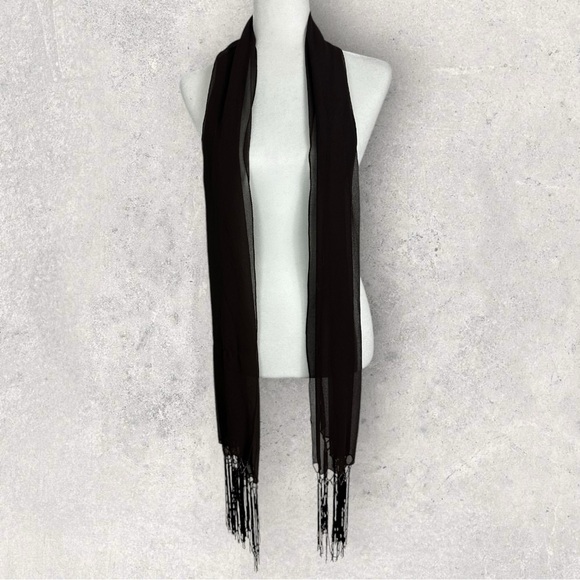 Brown Beaded Fringe Sheer Rectangular Scarf Bohemian Tassel 20" x 36" Wrap Skirt - Picture 7 of 15